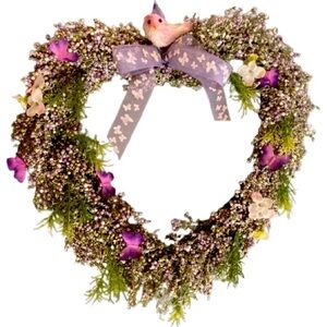 Floral Heart Shaped Wreath with Bird and Purple Ribbon Adornment